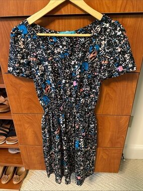 buttons Black Short Sleeve Floral-Splash Dress with Blue & Pink Accents